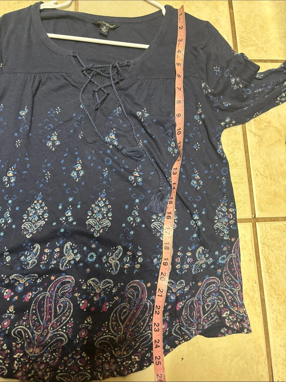 Lucky brand navy Blue Boho Paisley Tassel Tie Peasant Top Size M 3/4 sleeve - Picture 8 of 8